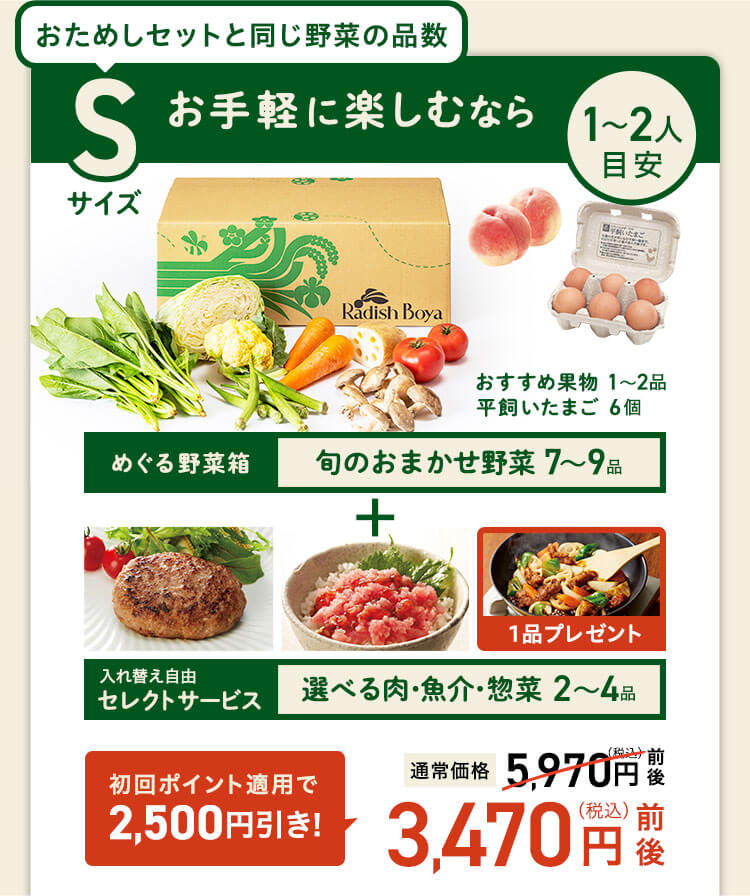 ＜1〜2人分＞まずはお手軽に旬の野菜を楽しむなら♪おためしセットと同じ野菜の品数　コース内容：［野菜BOX］旬の野菜7〜9品、旬の果物1~2品、平飼いたまご6個(通常規格〜ふぞろい含む)［厳選食材］旬魚・肉・惣菜2〜4品 3,800円(税込)前後