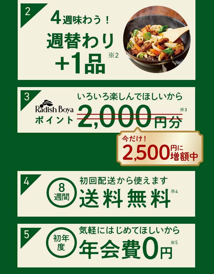 特典2：大人気商品1品プレゼント 特典3:お買い物ポイント2000円 特典4:8週間送料無料 特典5:初年度年会費0円※