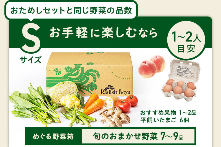 ＜1〜2人分＞まずはお手軽に旬の野菜を楽しむなら♪おためしセットと同じ野菜の品数　コース内容：［野菜BOX］旬の野菜7〜9品、旬の果物1~2品、平飼いたまご6個(通常規格〜ふぞろい含む)