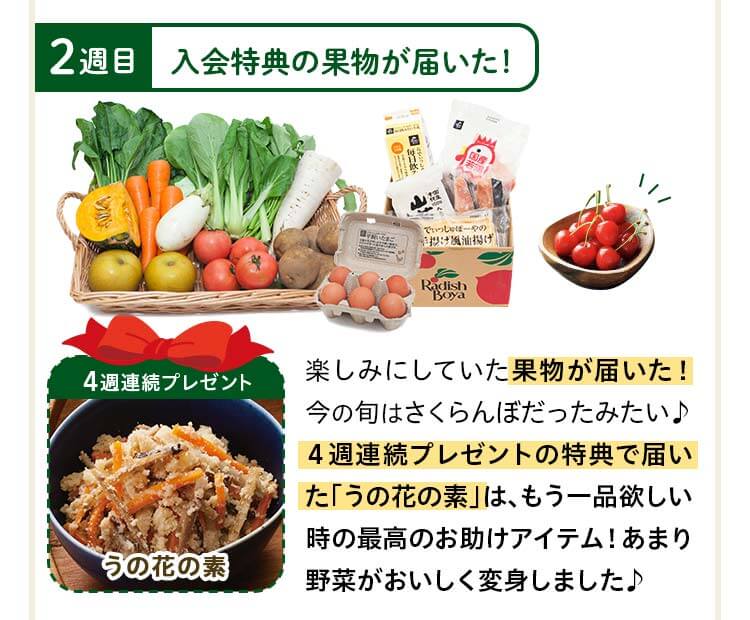 ２週目：楽しみにしていた果物が届いた!今の旬はさくらんぼだったみたい♪4週連続プレゼントの特典で届いた「バジル香る海鮮炒め」は、野菜もしっかり使えて家族にも大好評!気に入ったので次からカートに追加。