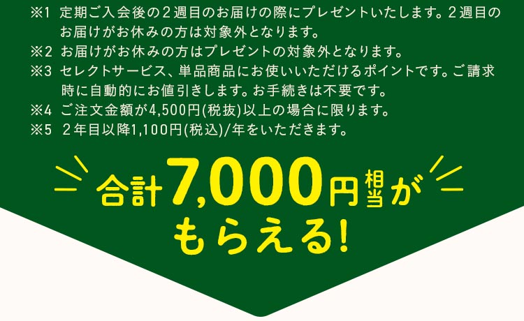 ※１ 定期ご入会後の２週目のお届けの際にプレゼントいたします。２週目のお届けがお休みの方は対象外となります。※２ ご注文金額が4,500円（税抜）以上の場合に限ります。※３ ２年目以降1,100円（税込）/年をいただきます。