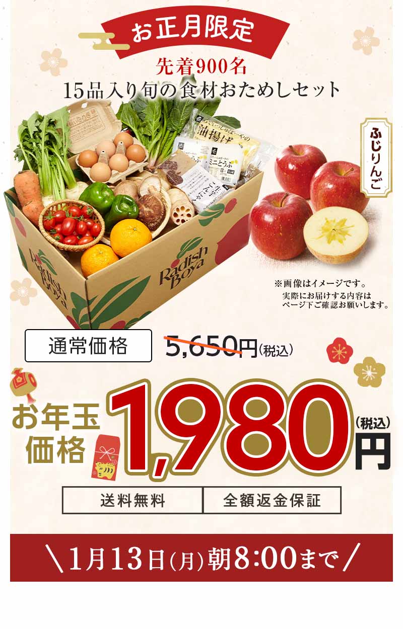 送料無料 数量限定 初夢野菜おためしセット 1,980円（税込）　期間限定1/13(月)朝8:00まで