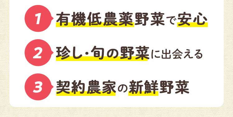 1 有機低農薬だからふぞろい 2 珍し・旬の野菜に出会える 3 契約農家の新鮮野菜